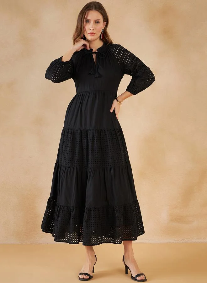FEMELLA Schiffli Tiered Maxi Dress by Styli