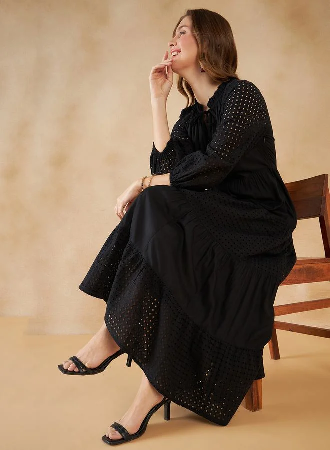 FEMELLA Schiffli Tiered Maxi Dress by Styli
