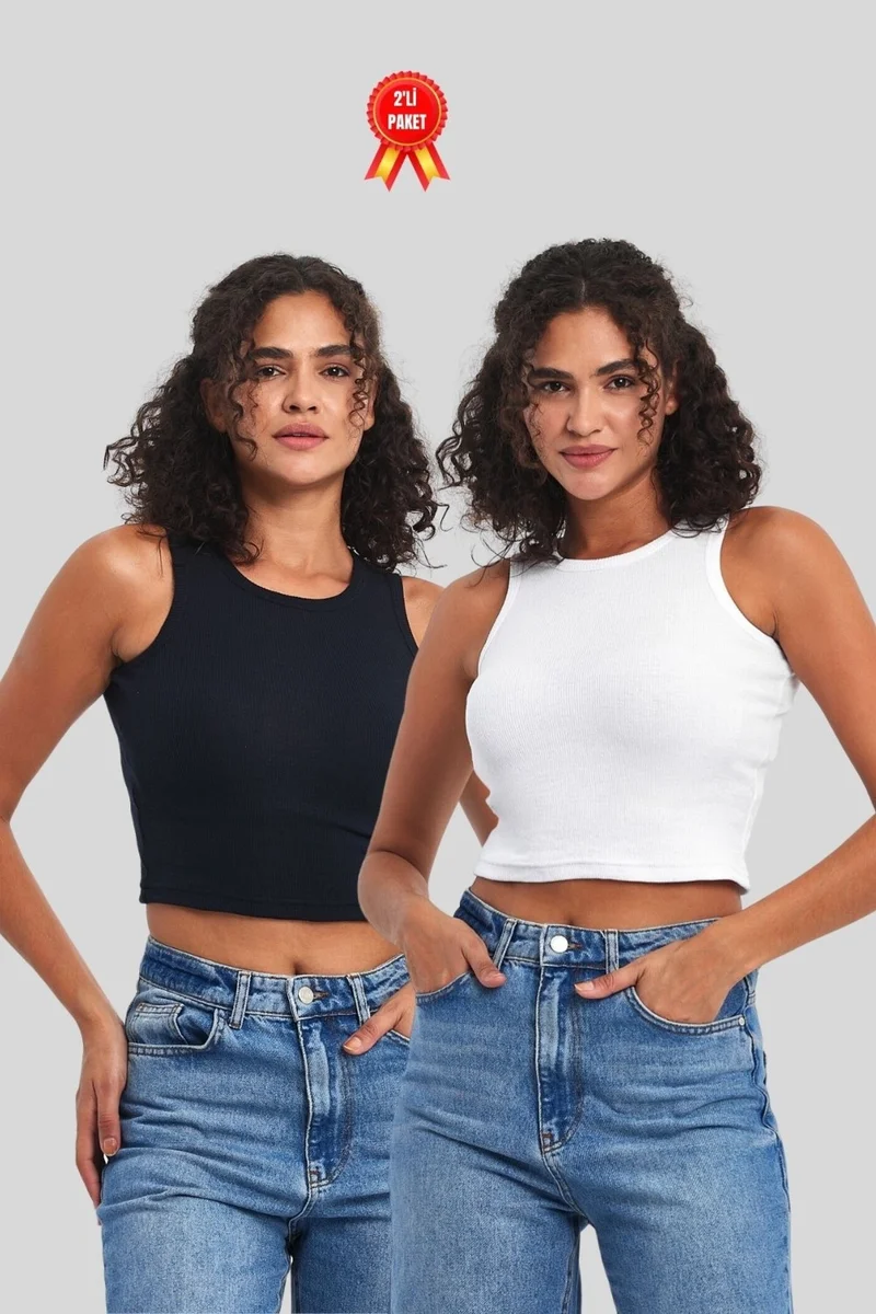 mmetalic Women's Black-White Ribbed Look Strappy Thick Flexible Knitted 2-Piece Basic Crop Athlete Blouse