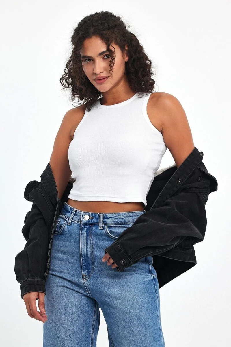mmetalic Women's Black-White Ribbed Look Strappy Thick Flexible Knitted 2-Piece Basic Crop Athlete Blouse