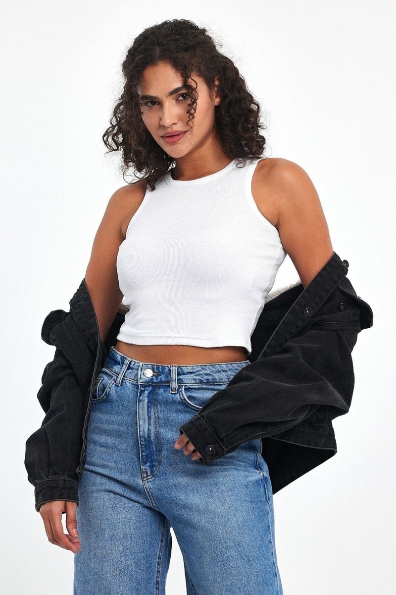 mmetalic Women's Black-White Ribbed Look Strappy Thick Flexible Knitted 2-Piece Basic Crop Athlete Blouse  - Image 3