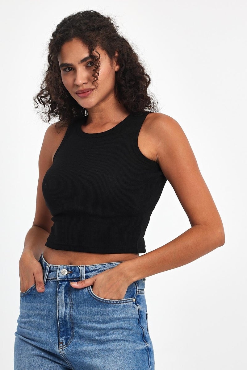 mmetalic Women's Black-White Ribbed Look Strappy Thick Flexible Knitted 2-Piece Basic Crop Athlete Blouse  - Image 4