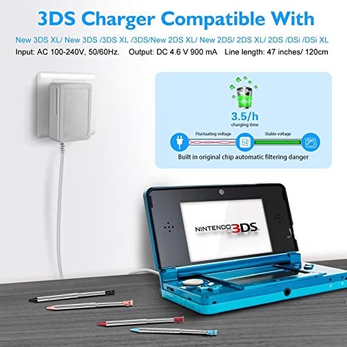 FIOTOK 3DS Charger Kit Compatible with Nintendo 3DS/ New 3DS XL/DSi/DSi XL/2DS/ 2DS XL 100-240V Wall Plug Adapter with 4 Metal Retractable Stylus Pen for 3DS/3DS XL/3DS LL - Image 4