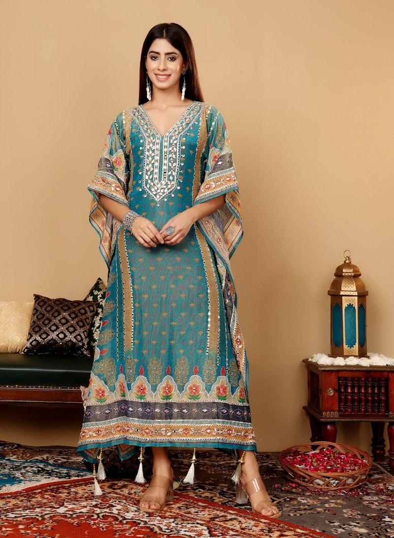PRASHA Women Teal Blue Pure Silk Gotta And Mirror Work Kaftan With Tulip Pants - Image 1