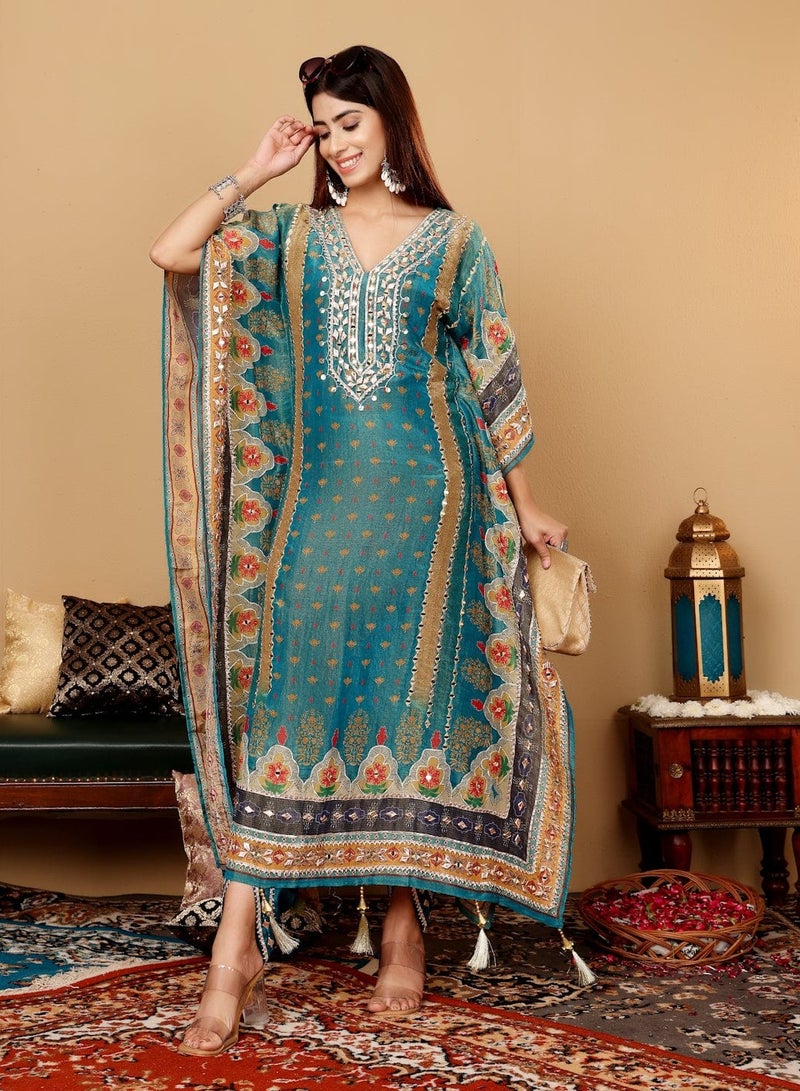 PRASHA Women Teal Blue Pure Silk Gotta And Mirror Work Kaftan With Tulip Pants - Image 2