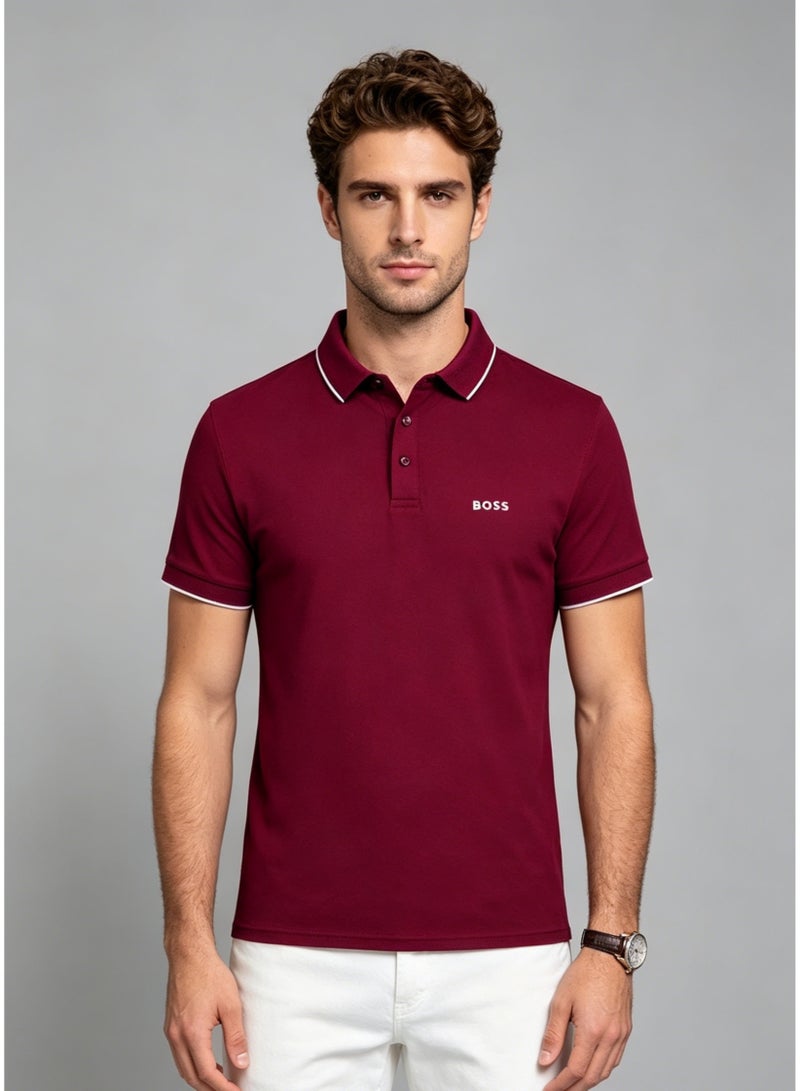 BOSS Men's Short Sleeve Polo Shirt, Classic Fit Casual Tipping Collar Golf Shirt, Burgundy - Image 2