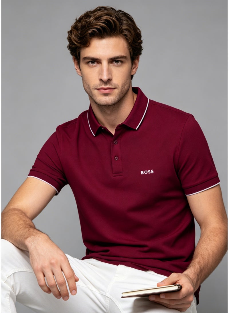 BOSS Men's Short Sleeve Polo Shirt, Classic Fit Casual Tipping Collar Golf Shirt, Burgundy - Image 1