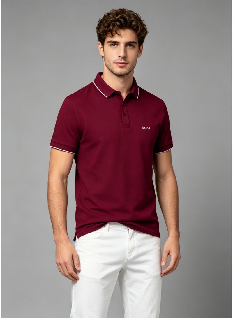 BOSS Men's Short Sleeve Polo Shirt, Classic Fit Casual Tipping Collar Golf Shirt, Burgundy - Image 4