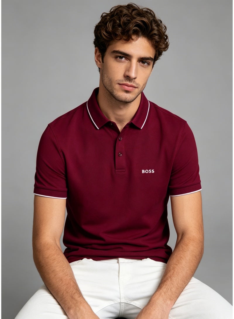 BOSS Men's Short Sleeve Polo Shirt, Classic Fit Casual Tipping Collar Golf Shirt, Burgundy - Image 5