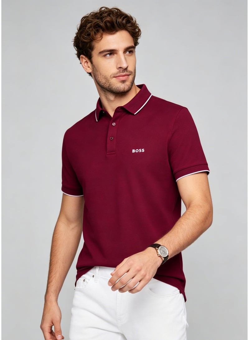 BOSS Men's Short Sleeve Polo Shirt, Classic Fit Casual Tipping Collar Golf Shirt, Burgundy - Image 3