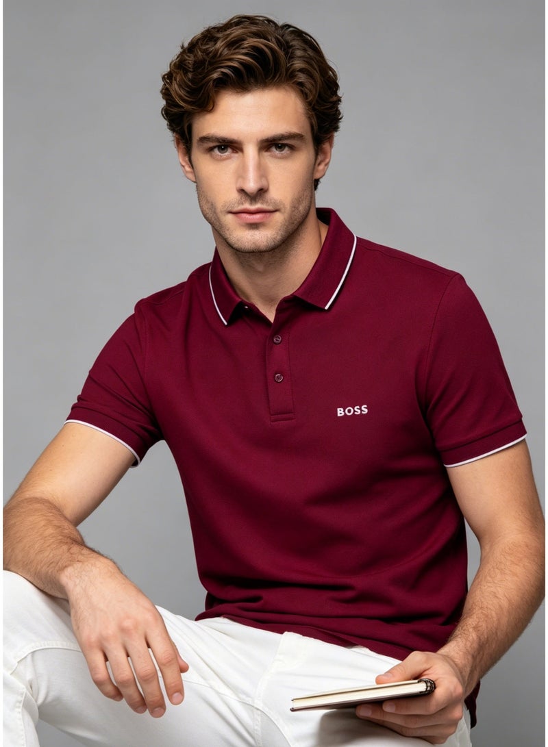BOSS Men's Short Sleeve Polo Shirt, Classic Fit Casual Tipping Collar Golf Shirt, Burgundy - Image 1
