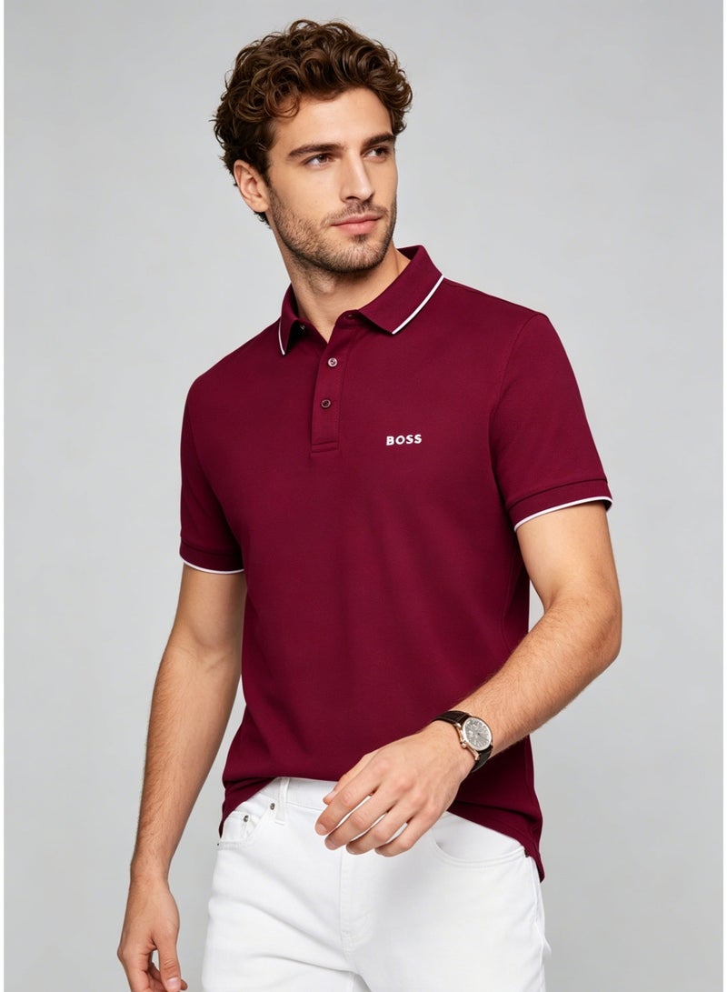 BOSS Men's Short Sleeve Polo Shirt, Classic Fit Casual Tipping Collar Golf Shirt, Burgundy - Image 3