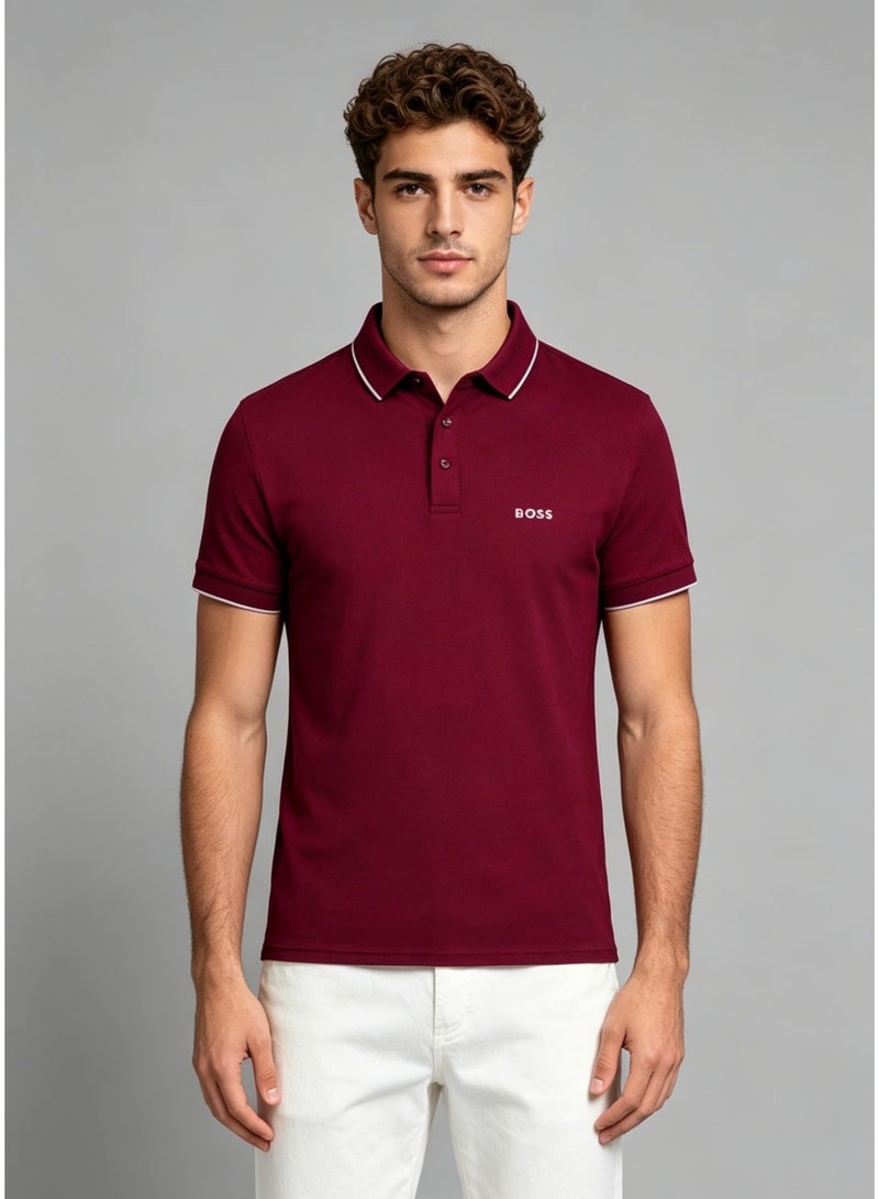BOSS Men's Short Sleeve Polo Shirt, Classic Fit Casual Tipping Collar Golf Shirt, Burgundy - Image 5