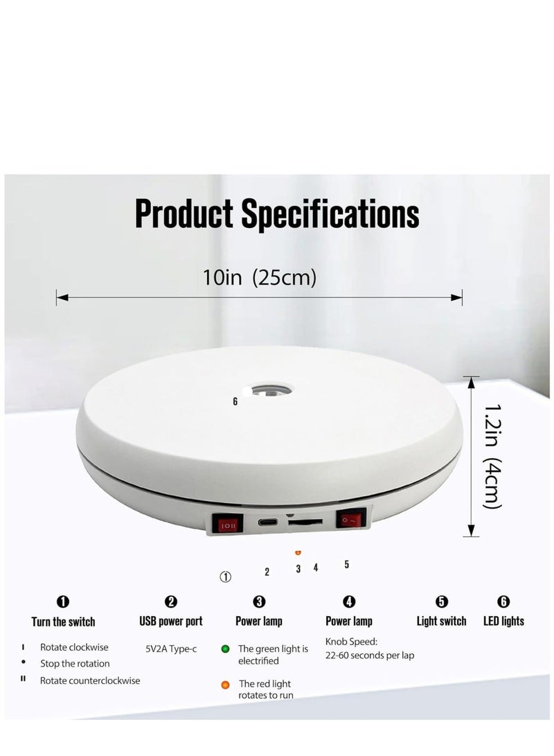 Captaintech Motorized Rotating Display Stand with LED Light , 10 inch /55lbs Load, 360 Degree Electronic Photography Turntable for Products Shows, Jewelry, Crystal Art ，Watch, 3D Models (White / 5 Colors） - Image 5