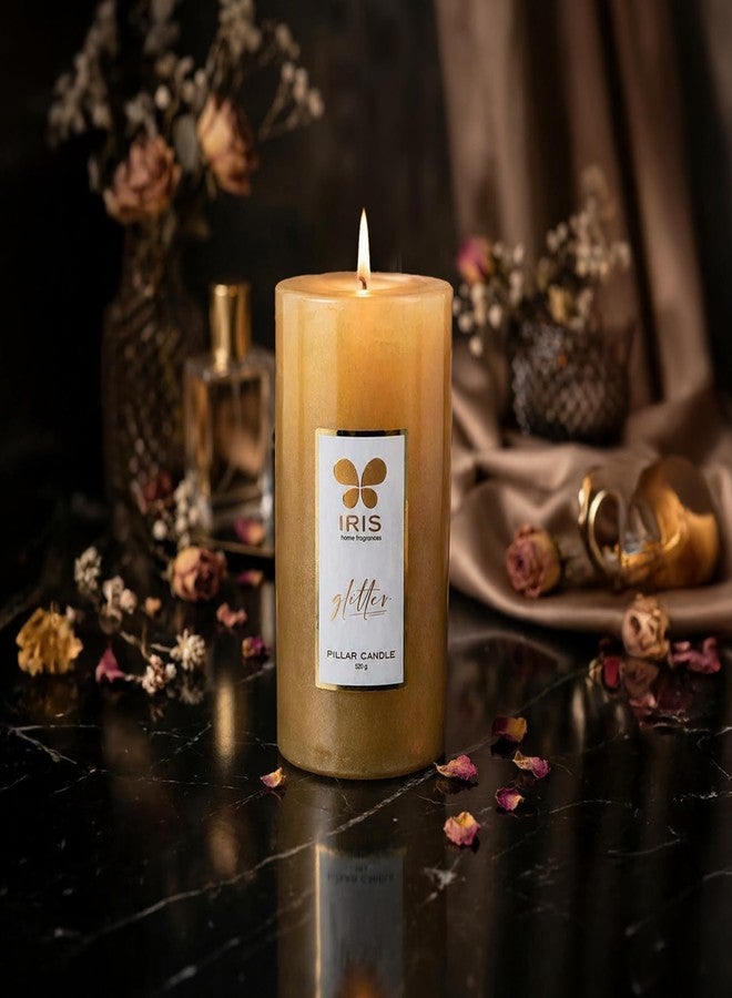 IRIS Gold Lacquered Unscented Pillar Candle | 7.1 x 15.2 cm | Long-Lasting 80-Hour Burn | Ideal for Decor, Celebrations & Gifting (Pack of 1) - Image 2