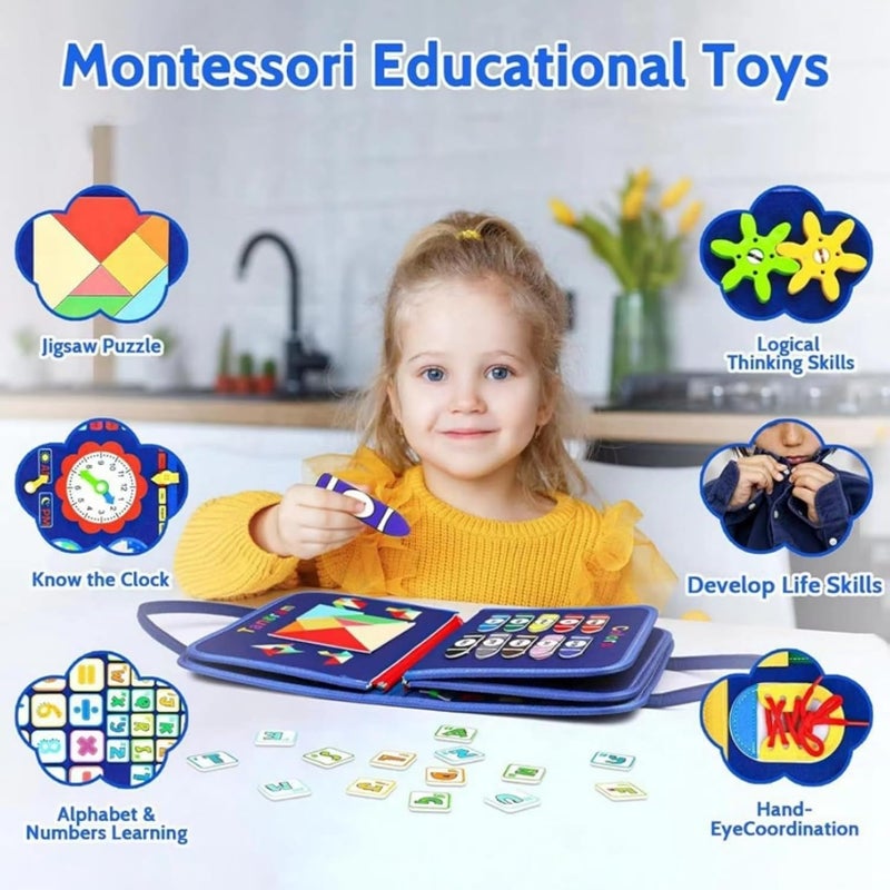 Montessori Busy Board for Toddlers, Educational Learning Toy with Letters, Numbers, Shapes, Clock, 3-6 Years Preschool Busy Book Travel Sensory Toy (Blue Dinosaur) - Image 3