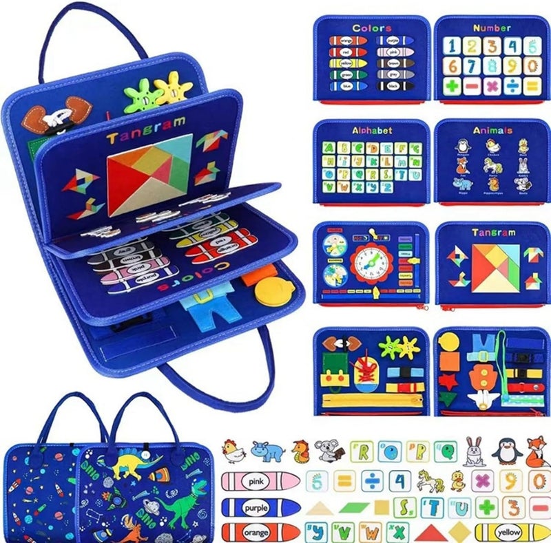 Montessori Busy Board for Toddlers, Educational Learning Toy with Letters, Numbers, Shapes, Clock, 3-6 Years Preschool Busy Book Travel Sensory Toy (Blue Dinosaur) - Image 4