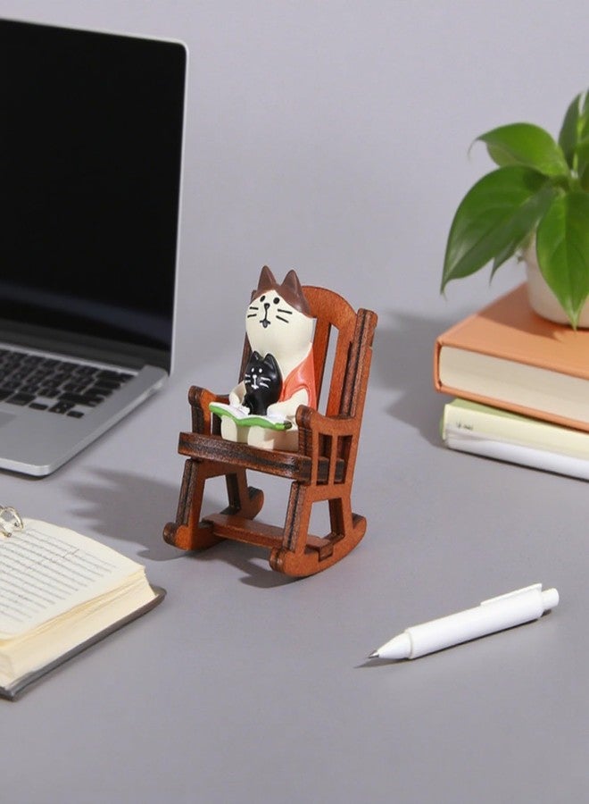 Gwindrise Miniature Cat Reading Figurine Set, Resin Desk Decor with Wooden Rocking Chair, Parent-Child Design, Funny Gifts for Cat Lovers, Gifts for Mom - Image 2