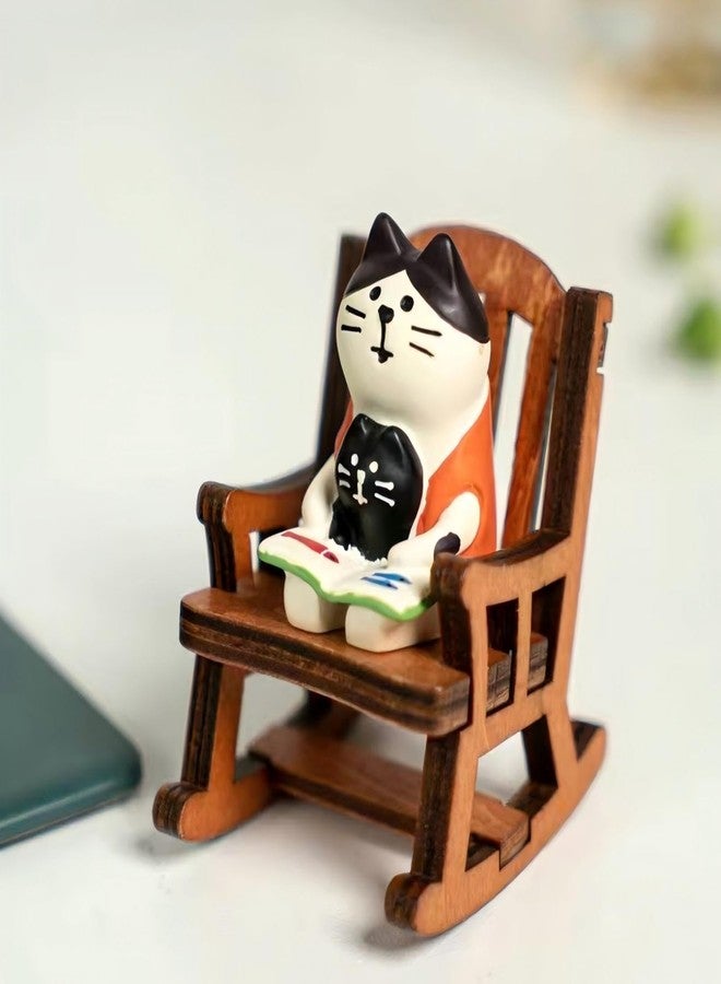 Gwindrise Miniature Cat Reading Figurine Set, Resin Desk Decor with Wooden Rocking Chair, Parent-Child Design, Funny Gifts for Cat Lovers, Gifts for Mom - Image 1