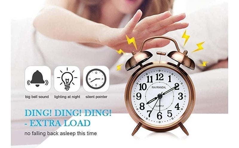 DRONTER Vintage Twin Bell Analog Display Table Alarm Clock With Night Led Light Heavy Slippers Extra Loud Alarm Clock Ideal For Student And Kids Bedroom (Copper, 3 Inch, 2 Inch) - Image 2