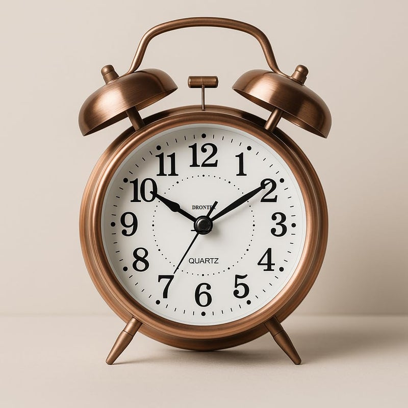 DRONTER Vintage Twin Bell Analog Display Table Alarm Clock With Night Led Light Heavy Slippers Extra Loud Alarm Clock Ideal For Student And Kids Bedroom (Copper, 3 Inch, 2 Inch) - Image 1