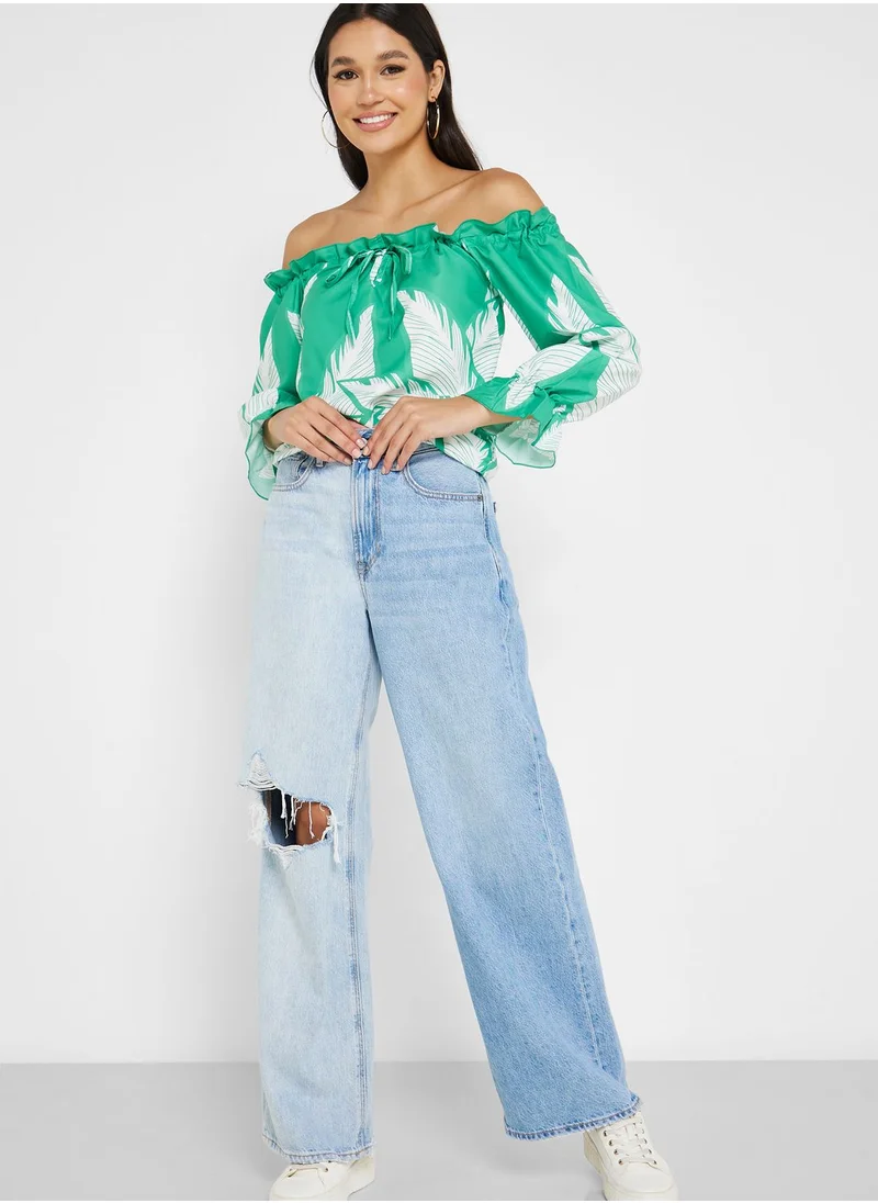 Ginger Off Shoulder Leaf Print Top