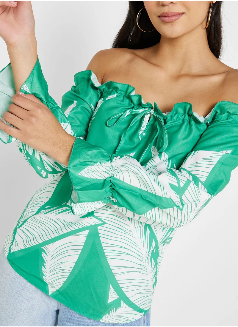 Ginger Off Shoulder Leaf Print Top
