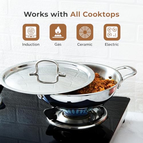 Home Essentials HomeEssentials Premium Triply Stainless Steel Kadai with Lid | 3.0L (24cm) | Non-Stick | Round Bottom Cookware | 3 Layer Stainless Steel Cookware| Even Heating Compatible with Induction & Gas Stoves - Image 4