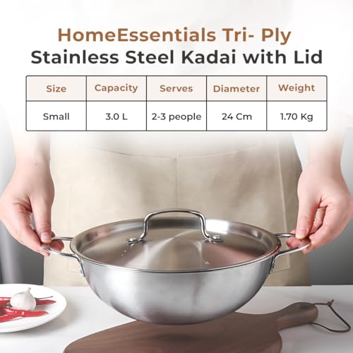 Home Essentials HomeEssentials Premium Triply Stainless Steel Kadai with Lid | 3.0L (24cm) | Non-Stick | Round Bottom Cookware | 3 Layer Stainless Steel Cookware| Even Heating Compatible with Induction & Gas Stoves - Image 2