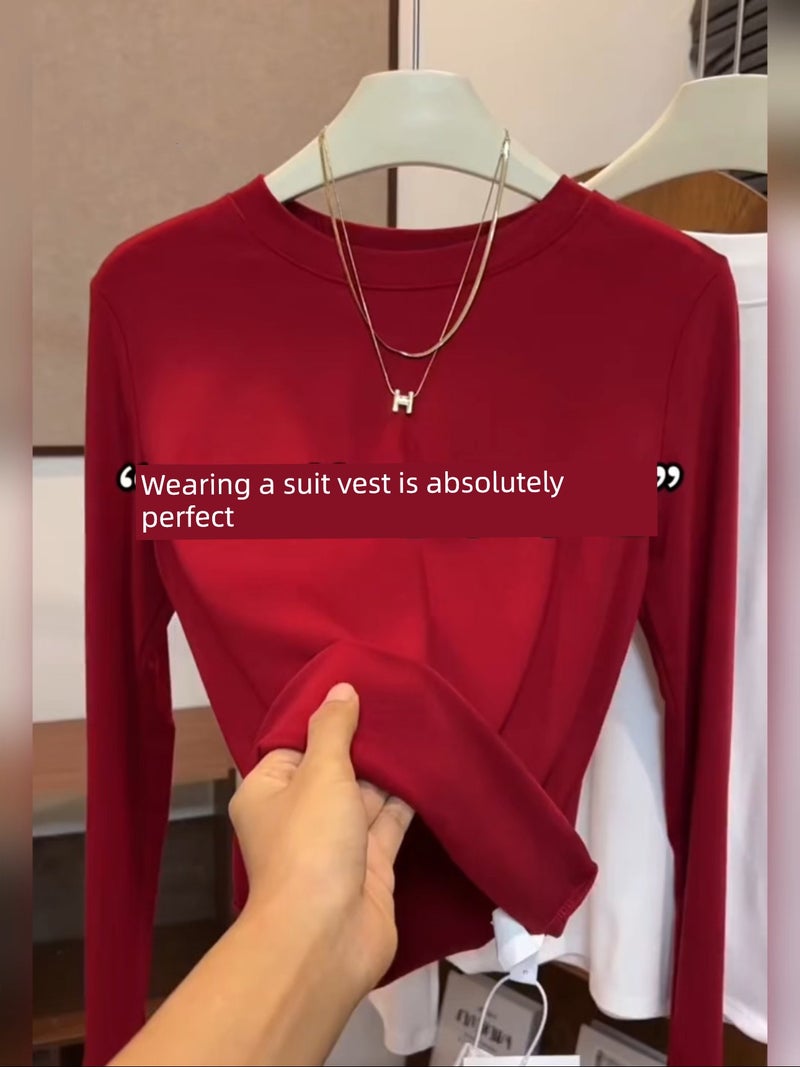 High-quality solid color round-neck long-sleeved base shirt, women's simple and versatile top, slimming temperament, elastic inner T-shirt, trendy - Image 2
