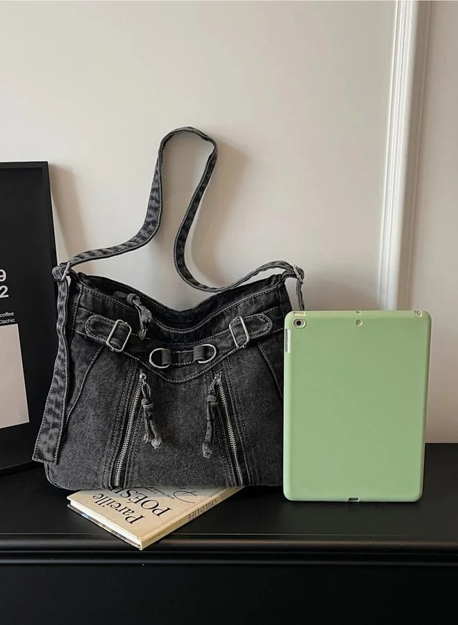 Take Two Black Denim Shoulder Bag with Zip Detail