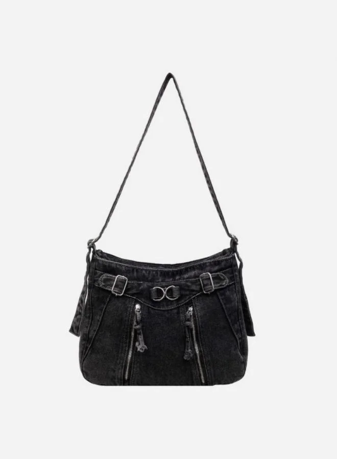 Take Two Black Denim Shoulder Bag with Zip Detail