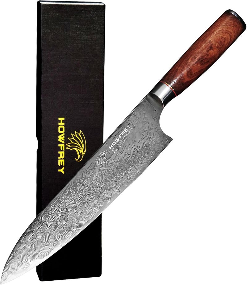 howfrey Damascus Chef Knife, 8 Inch 67-Layer Japanese Kitchen Knives Sharp VG-10 High Carbon Stainless Steel with Ergonomic Red Sandalwood Handles, for Home Kitchen Gift Idea - Image 1