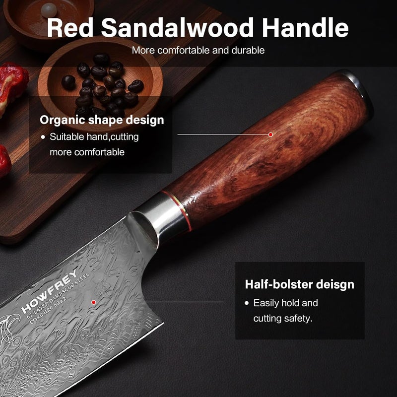 howfrey Damascus Chef Knife, 8 Inch 67-Layer Japanese Kitchen Knives Sharp VG-10 High Carbon Stainless Steel with Ergonomic Red Sandalwood Handles, for Home Kitchen Gift Idea - Image 3