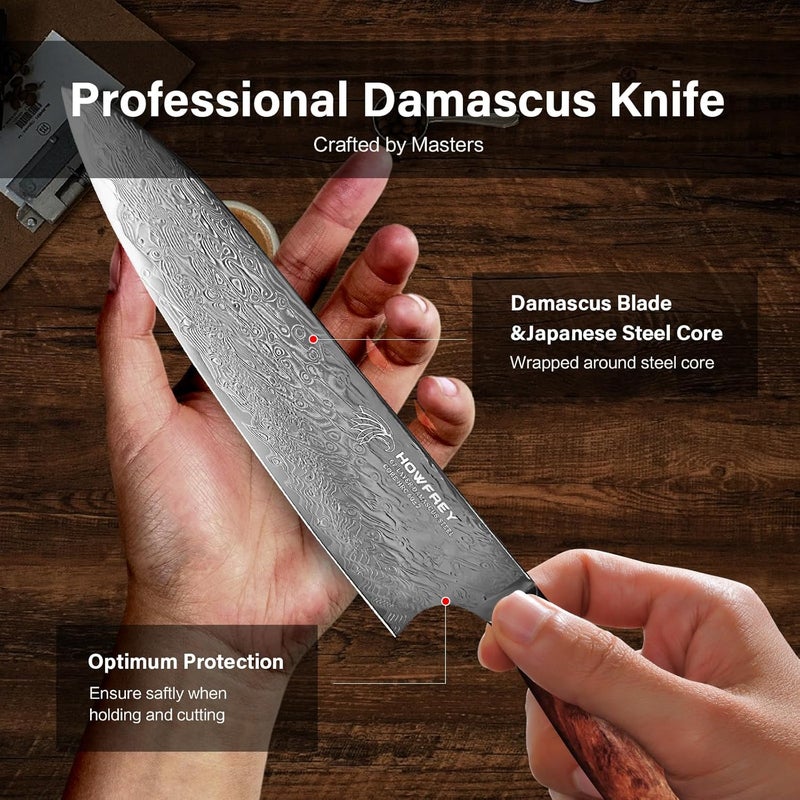 howfrey Damascus Chef Knife, 8 Inch 67-Layer Japanese Kitchen Knives Sharp VG-10 High Carbon Stainless Steel with Ergonomic Red Sandalwood Handles, for Home Kitchen Gift Idea - Image 4