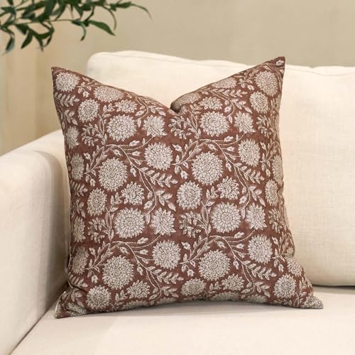 Amor Virisso Floral Pillow Covers 18x18 Throw Pillow Covers Vintage Block Print Pillow Cover Neutral Couch Pillows for Living Room Farmhouse Decorative Accent Sofa Pillows, Brown - Image 1
