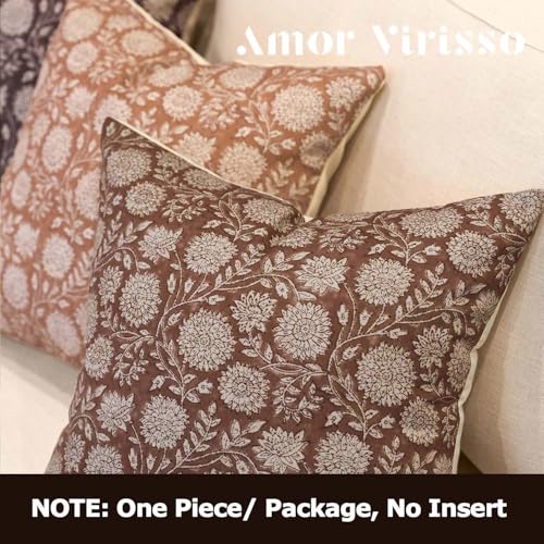 Amor Virisso Floral Pillow Covers 18x18 Throw Pillow Covers Vintage Block Print Pillow Cover Neutral Couch Pillows for Living Room Farmhouse Decorative Accent Sofa Pillows, Brown - Image 4