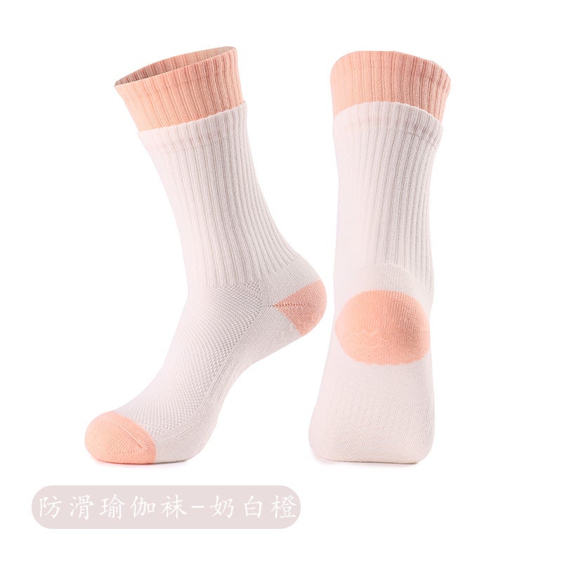 Generic Strap Yoga Socks Non-slip Professional Womens Medium Pilates Socks Short Towel Bottom Fitness Sports Floor Socks X79 milk white orange [double socks mouth, Pilates yoga socks]]