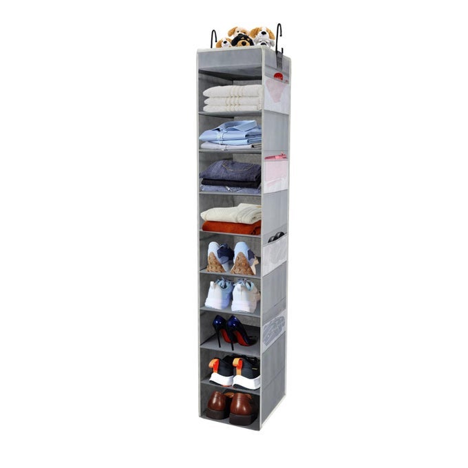 LARGESIZED HANGING SHOE ORGANIZER 10SHELF STURDY HANGING CLOSET ORGANIZER WITH 8 SIDE POCKETS WIDER HANGING SHELVES FOR STORAGE SHOES CLOTHES JEANS SHIRTS TOYS GREY
