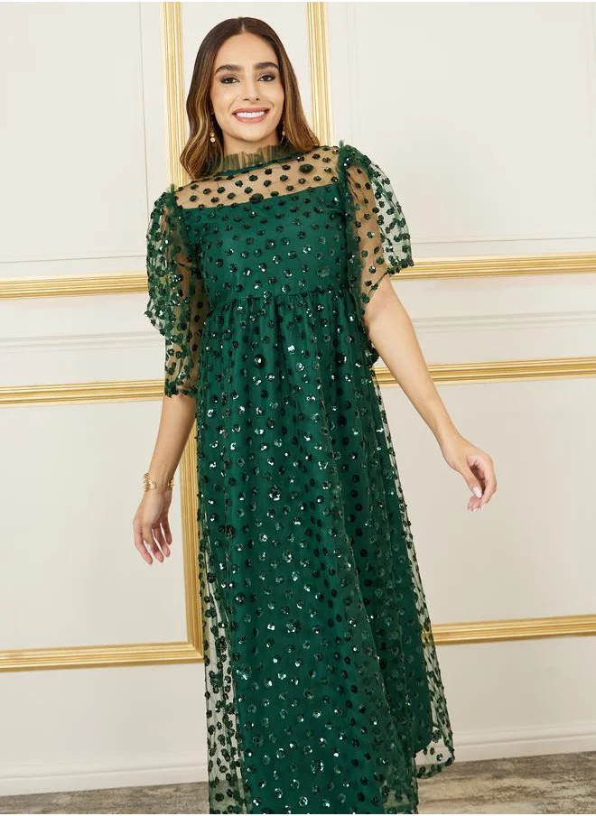 ستايلي Sequin Detail Mesh Insert A-Line Maxi Dress