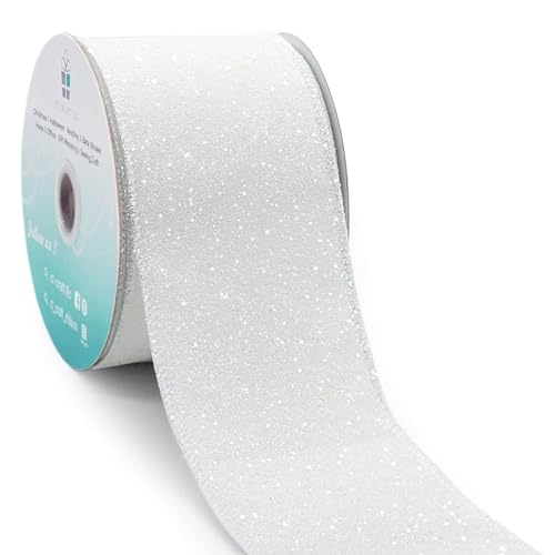 CT CRAFT LLC Glitter Wired Ribbon 2.5" x 10 Yards White for Christmas Home Decor Bow Gift Wrapping DIY Crafts Wreath - Image 1