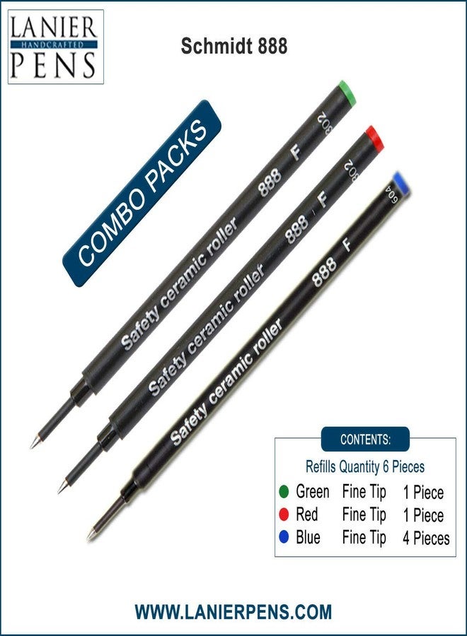 Lanier Pens Pack of 6 - Schmidt 888 F Safety Ceramic Rollerball Refill Green/Red/Blue Ink Fine Tip - Image 3