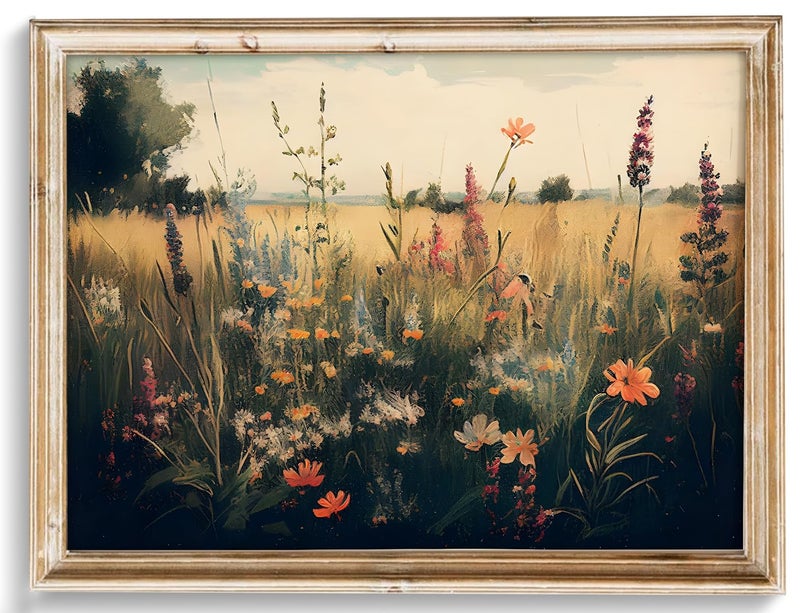 UNIRO Vintage Wall Art, Classical Wildflower Field Wall Painting Canvas Prints Farmhouse Wall Art French Country Wall Decor Vintage Landscape Art Pictures for Bathroom Kitchen Decor(8" x 10"-UNFRAMED) - Image 1