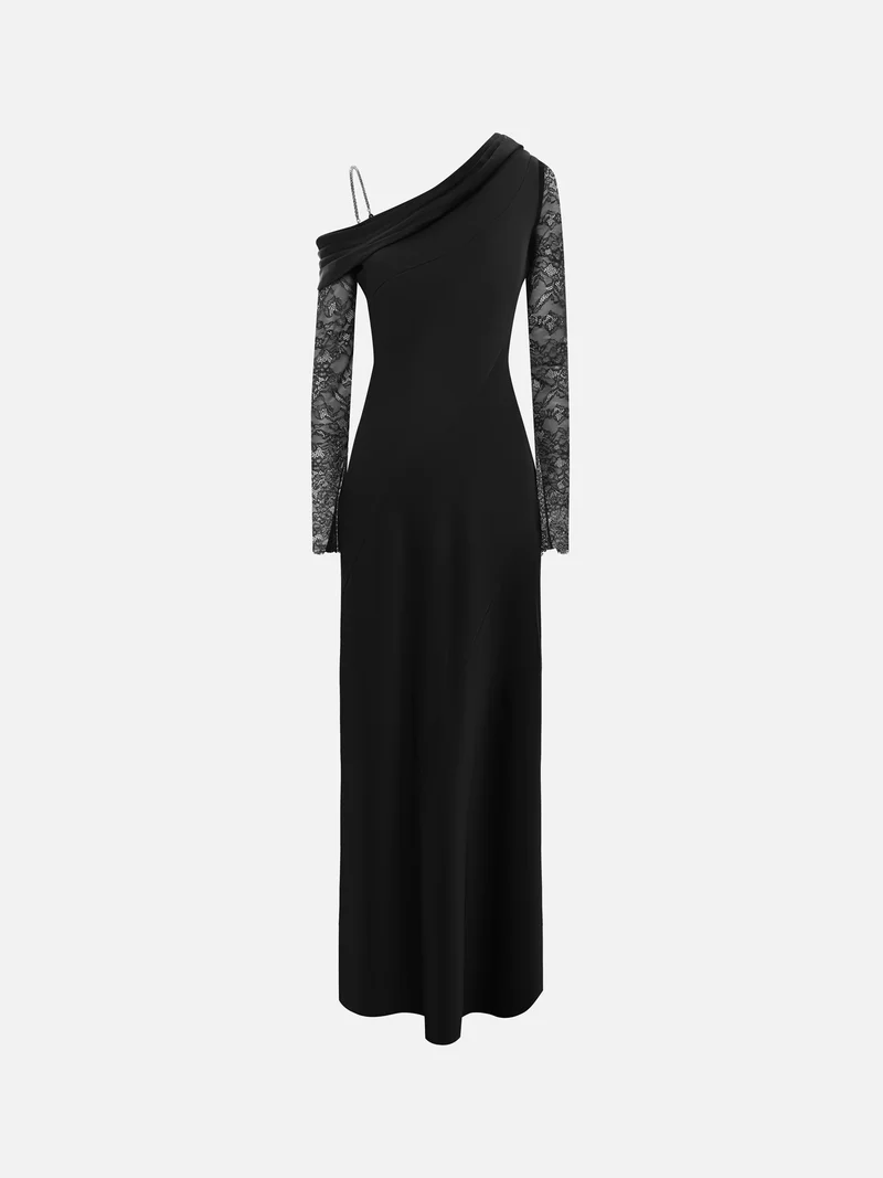 ليتشي One-shoulder maxi dress with lace sleeves