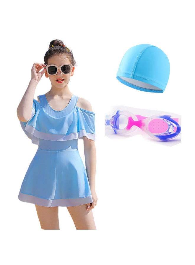 Loquat Korean-style Ins Style Big Kids One-piece Children's Swimsuit Solid Color Quick-drying Ruffled Hot Spring Girls' Swimsuit-Color:Light Blue Three-piece Set- - Image 1