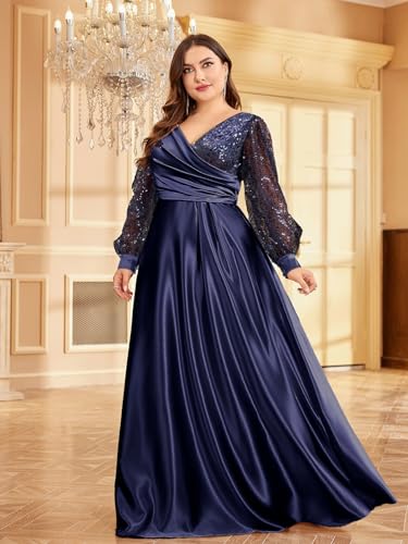 XUIBOL Plus Size Women's Sequin Patchwork Long Sleeve Evening Party Dress Dark Blue 18 - Image 4