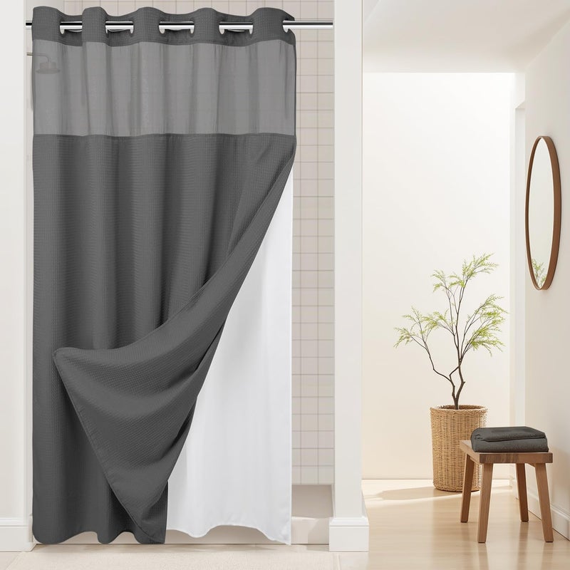 Heavyweight No Hooks Required Dotted Waffle Weave Shower Curtain with Snap in Liner Stall 54W x 80HHotel GradeSpa Like Bath CurtainGraphite Grey