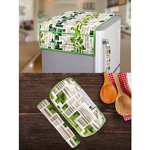 E-Retailer® Polyester 3-Layered Fridge Top Cover/Refrigerator Cover With 6 Utility Pockets and 2 Pcs. Handle Cover (Color-Green, Size-39x21 Inches) - Image 1