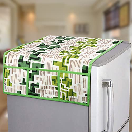 E-Retailer® Polyester 3-Layered Fridge Top Cover/Refrigerator Cover With 6 Utility Pockets and 2 Pcs. Handle Cover (Color-Green, Size-39x21 Inches) - Image 2