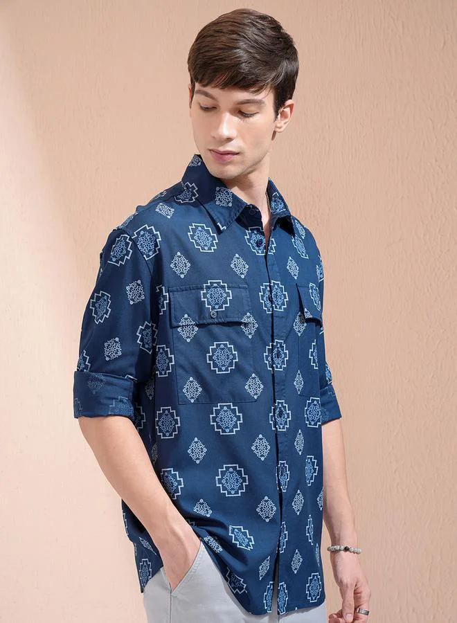 HIGHLANDER HIGHLANDER Printed Oversized Collared Shirt with Pockets